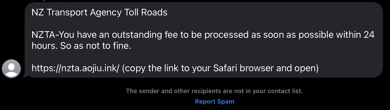 NZ Transport agency phishing example