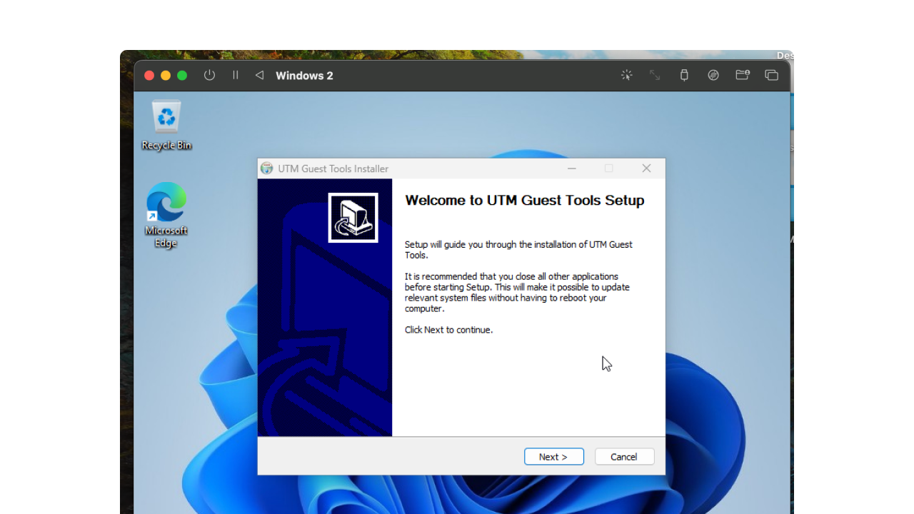 UTM Spice Guest Tools Installer screen